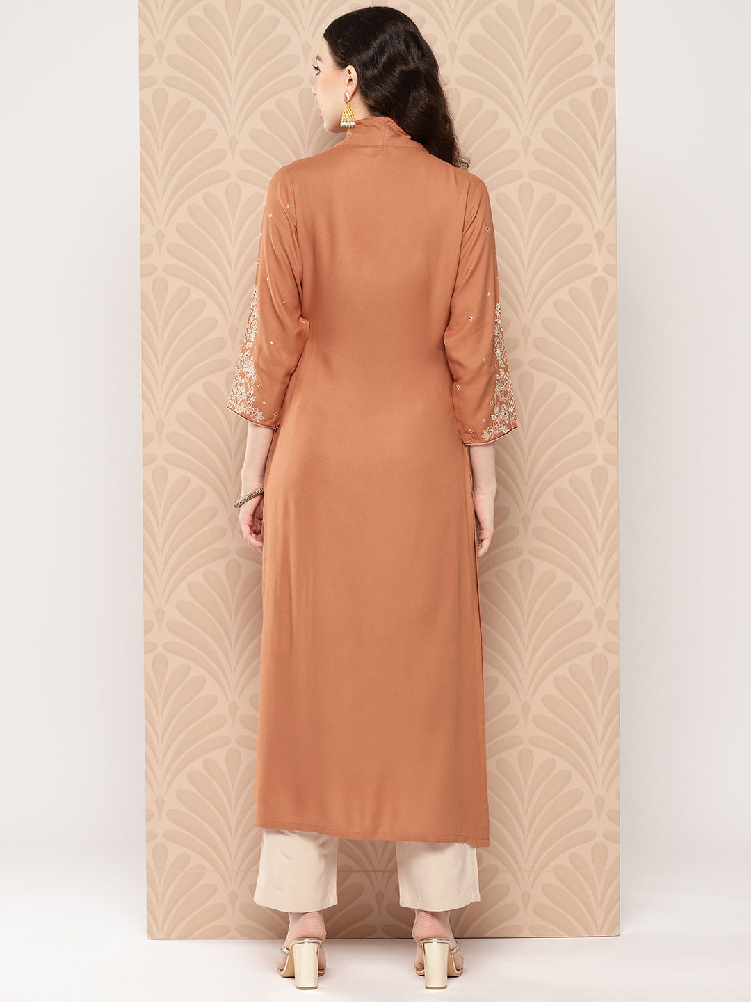 Peach Rayon Solid Straight Kurta