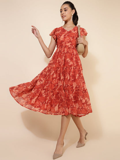 Rust Georgette Abstract Printed Tiered Dress