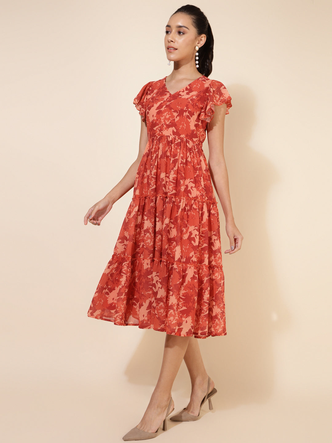 Rust Georgette Abstract Printed Tiered Dress