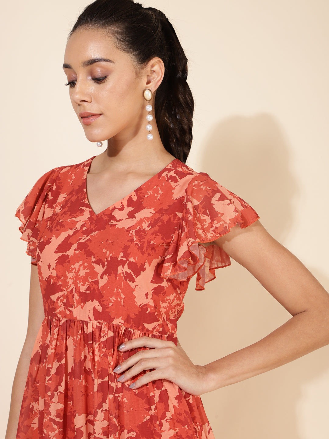 Rust Georgette Abstract Printed Tiered Dress