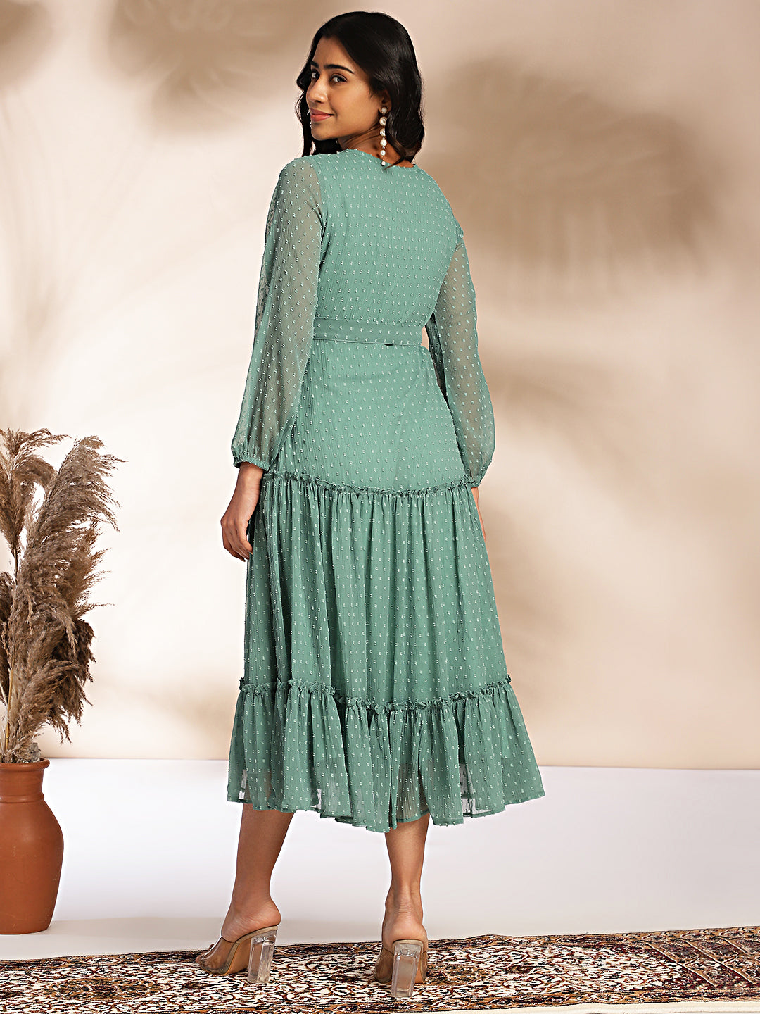Sage Dobby Chiffon Solid Tiered Dress