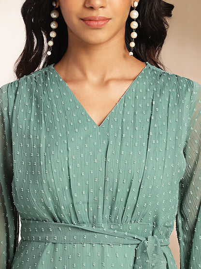 Sage Dobby Chiffon Solid Tiered Dress