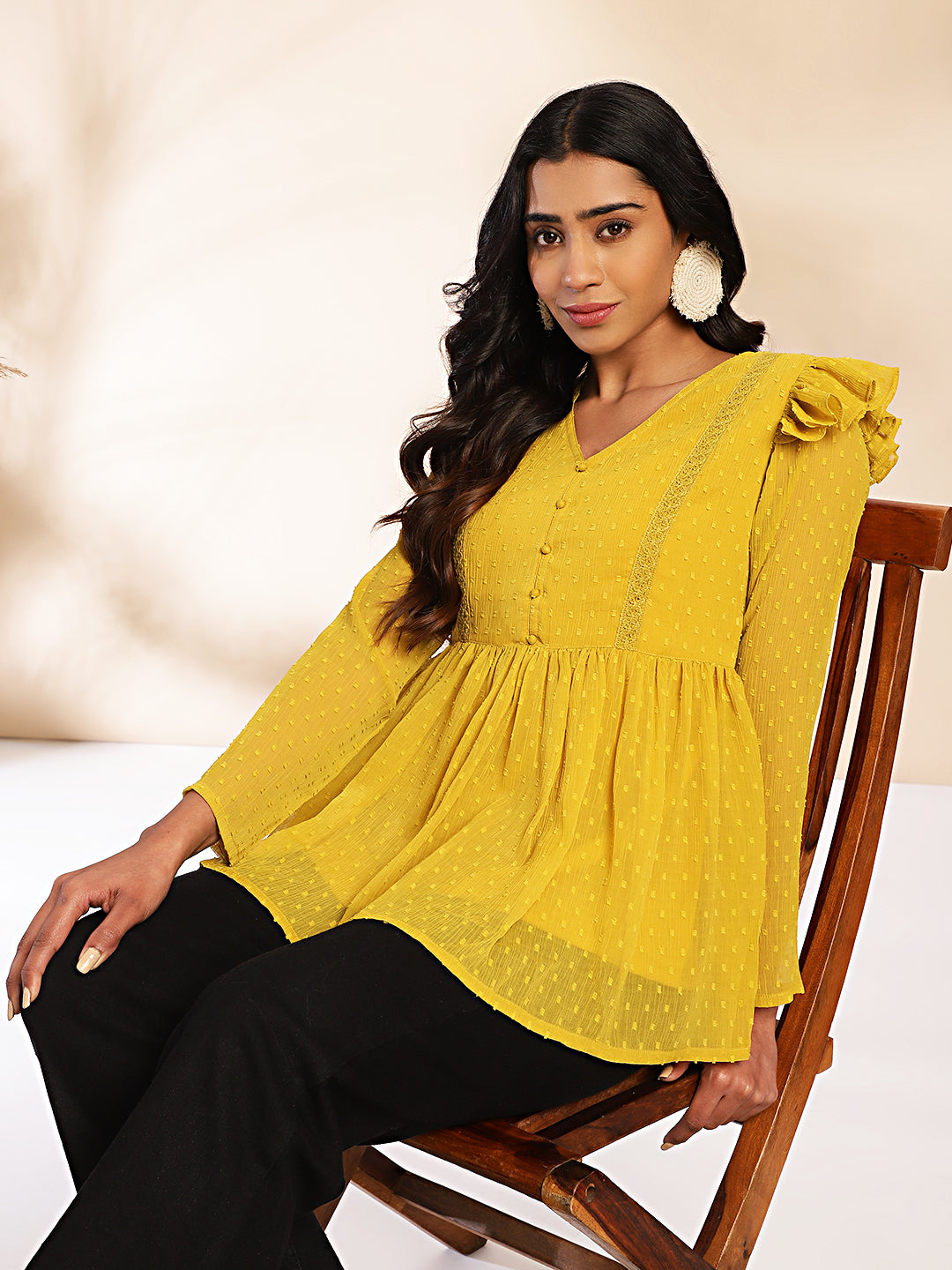 Mustard Dobby Chiffon Peplum Top