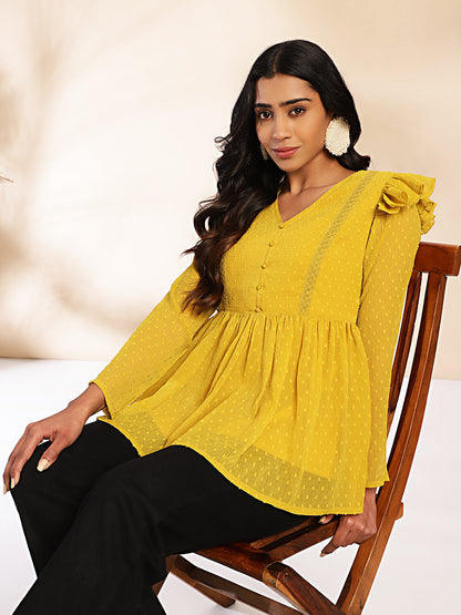 Mustard Dobby Chiffon Peplum Top