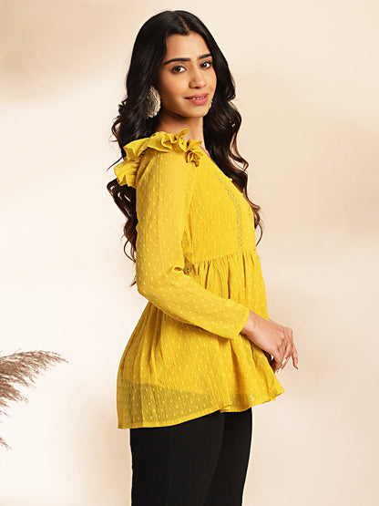 Mustard Dobby Chiffon Peplum Top