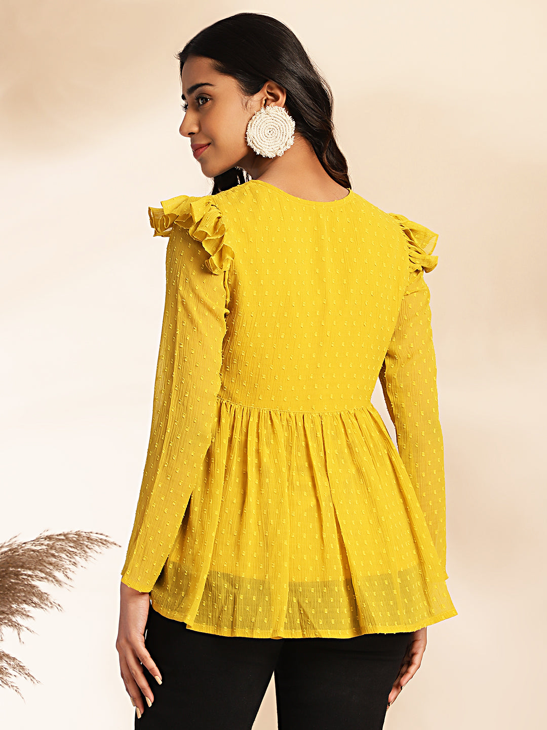 Mustard Dobby Chiffon Peplum Top