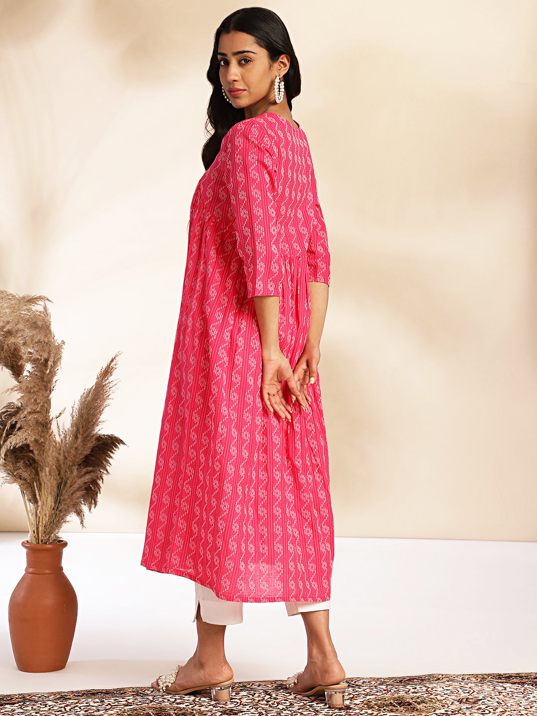 Pink Cotton Woven Design Gathered Kurta