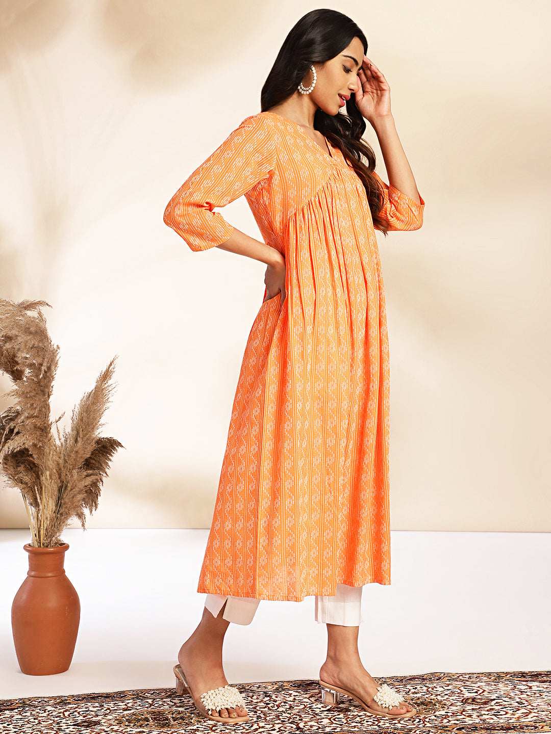 Orange Cotton Woven Design Gathered Kurta
