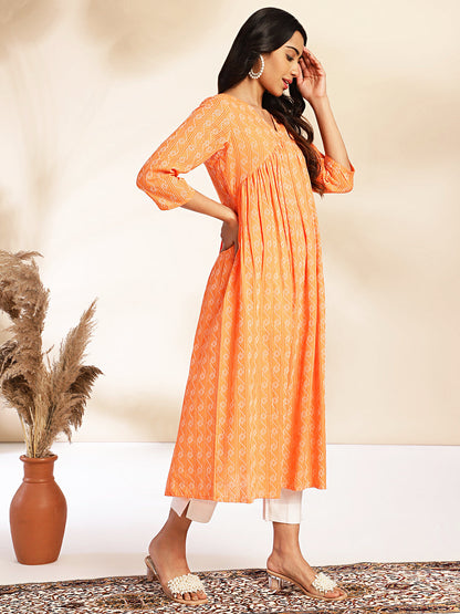 Orange Cotton Woven Design Gathered Kurta