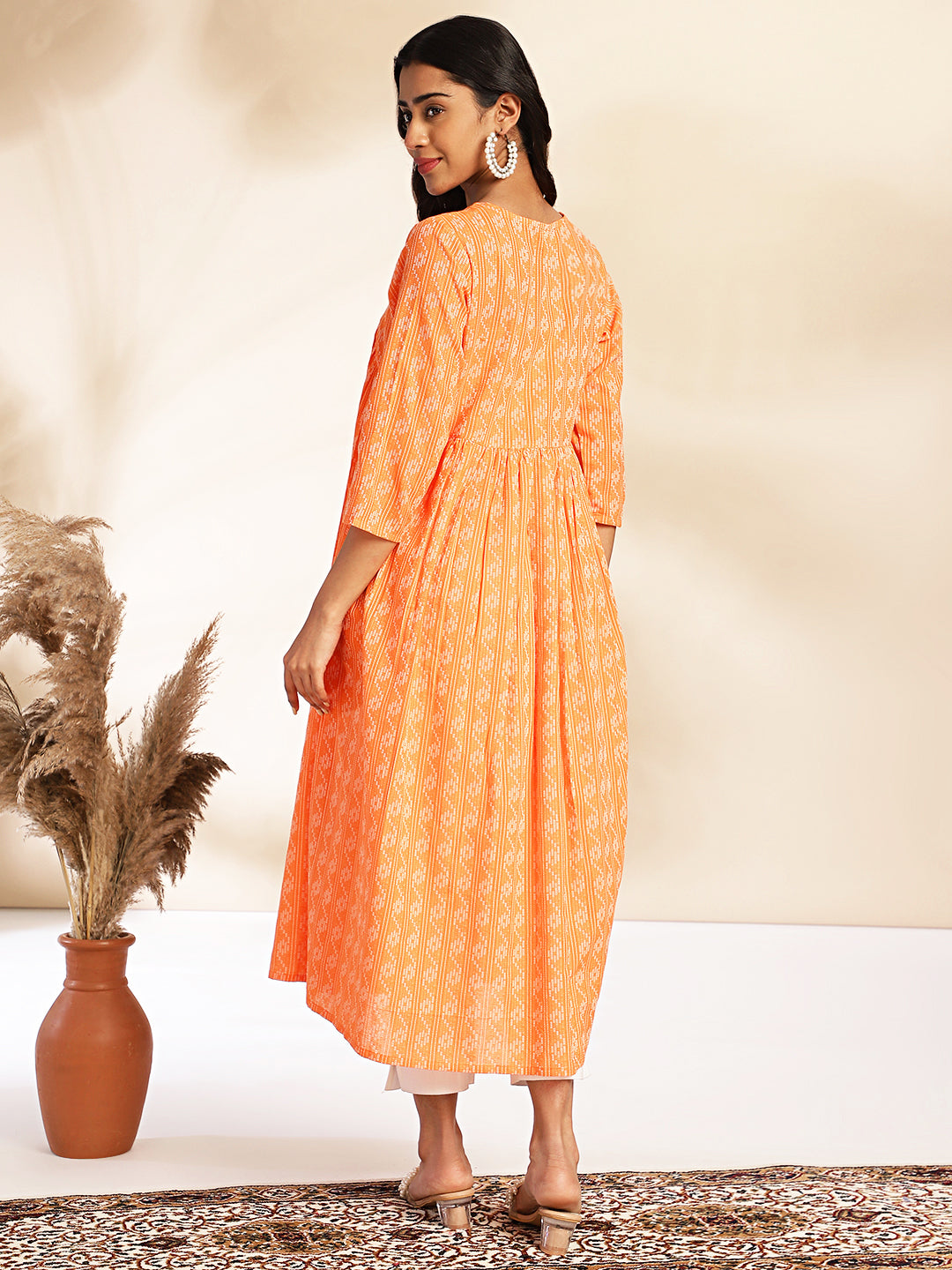 Orange Cotton Woven Design Gathered Kurta