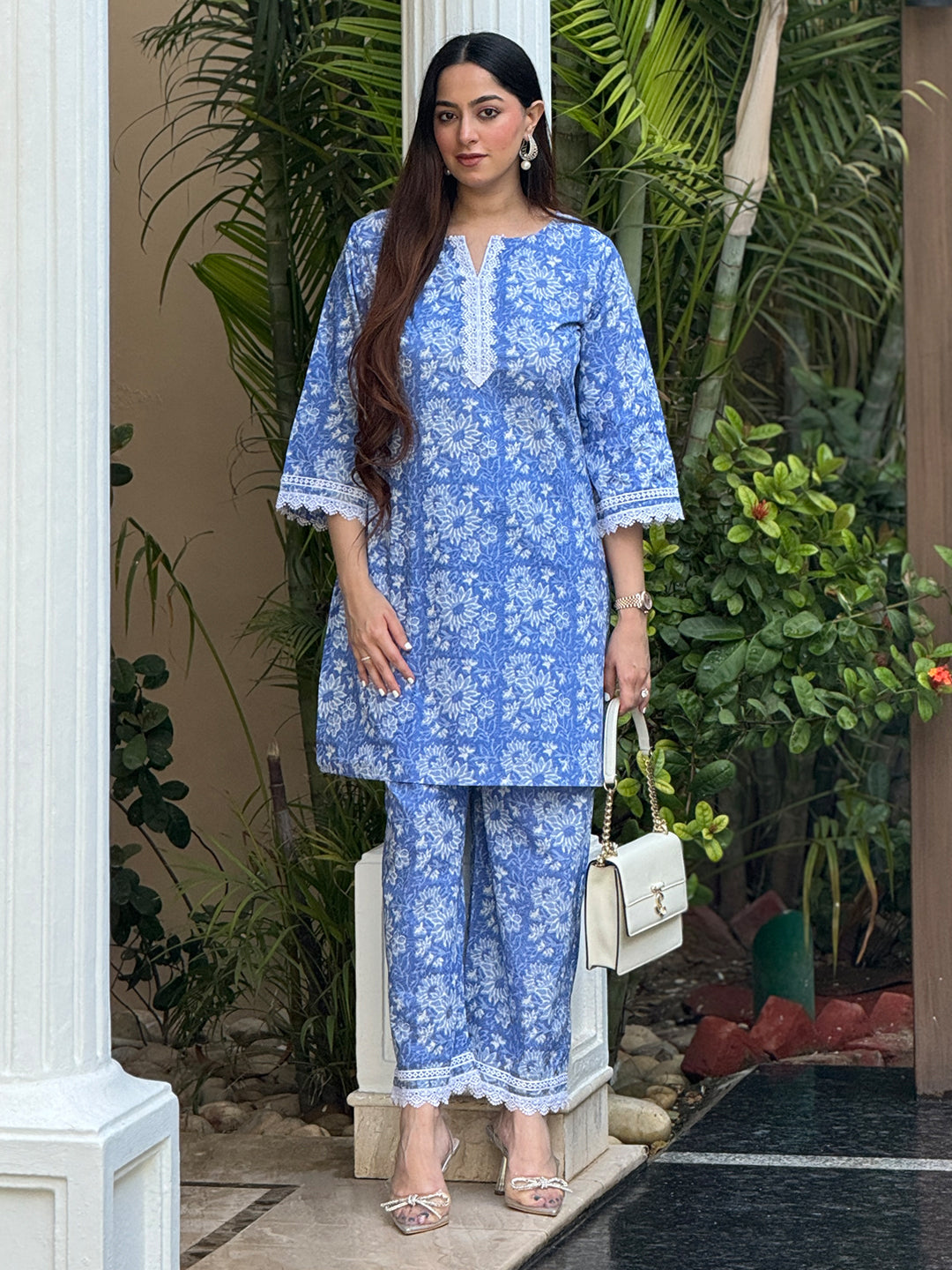 Blue Pure Cotton Floral Printed Straight Co-ord Set