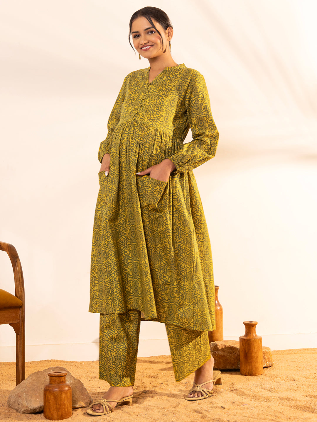 Olive Cotton Printed Gathered Kurta Set