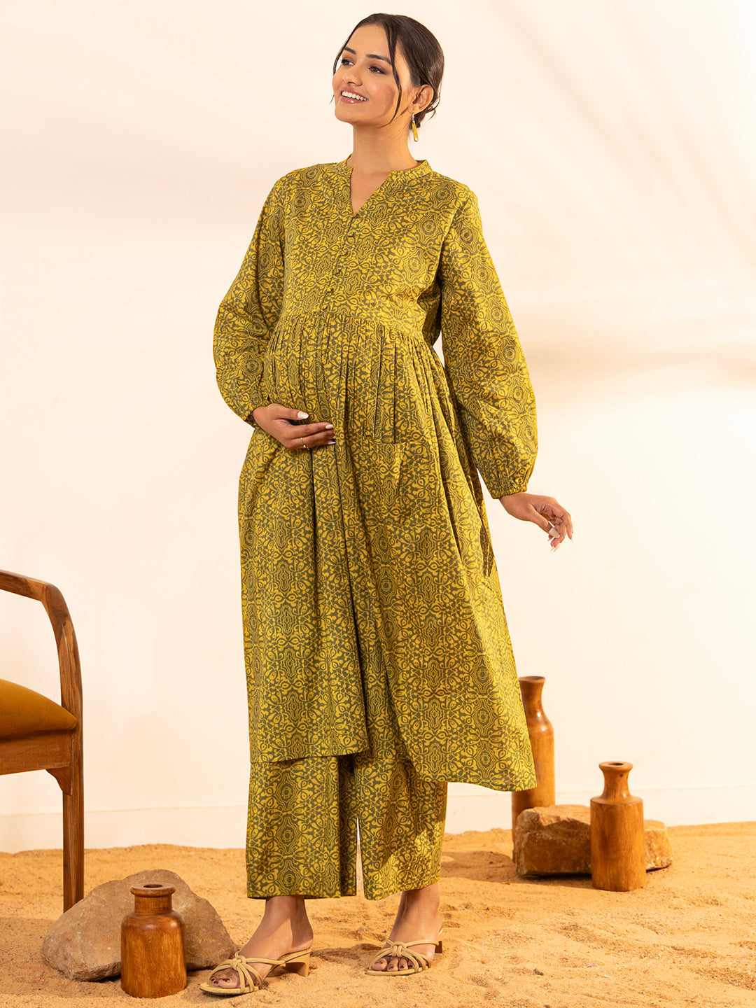 Olive Cotton Printed Gathered Kurta Set