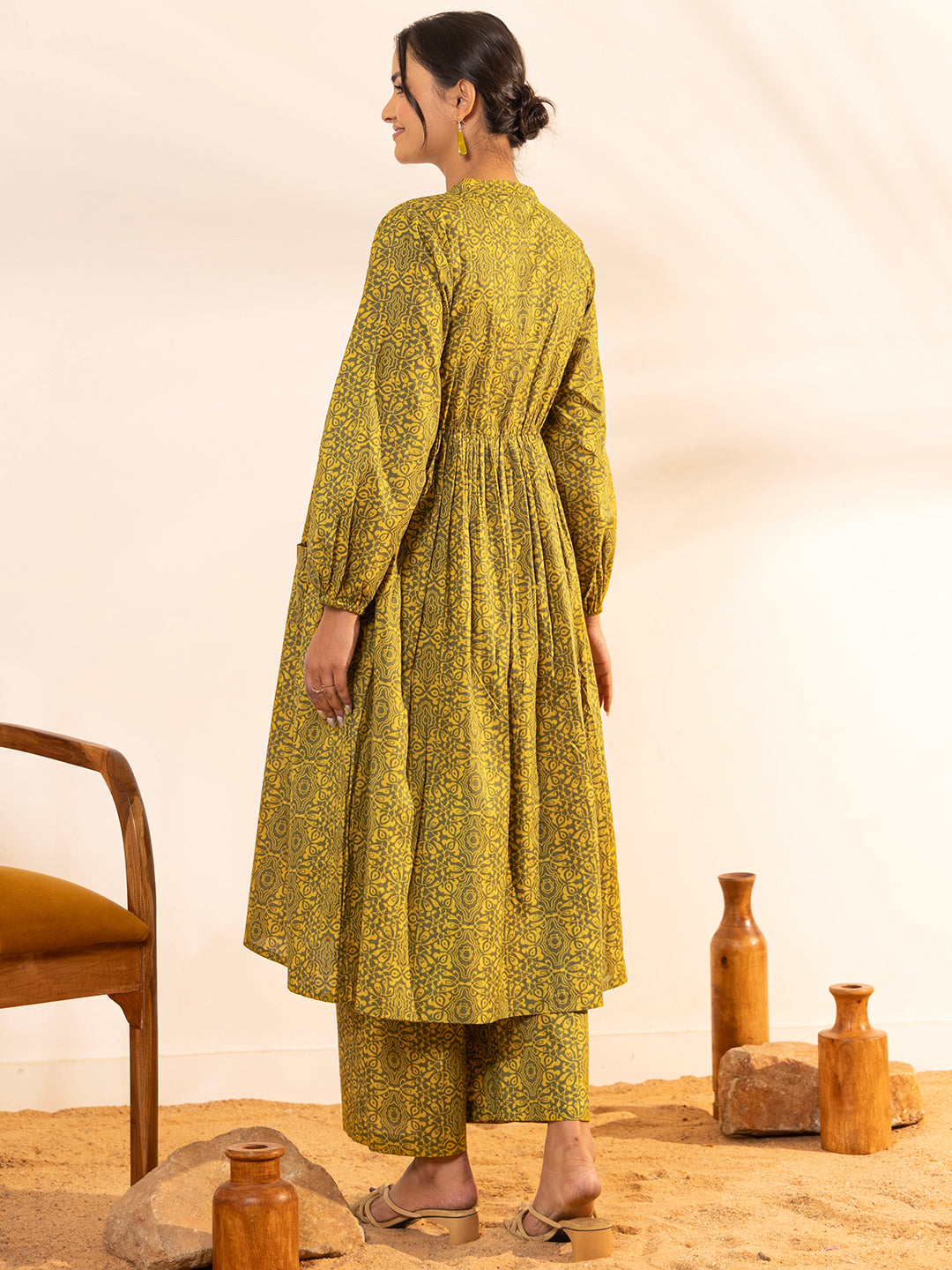 Olive Cotton Printed Gathered Kurta Set