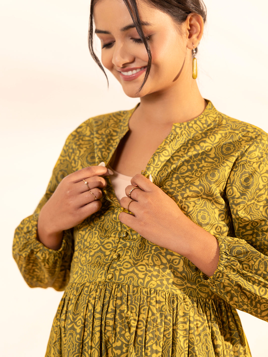 Olive Cotton Printed Gathered Kurta Set