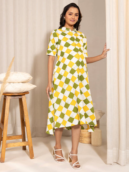 Multicolour Cotton Geometric A-Line Dress