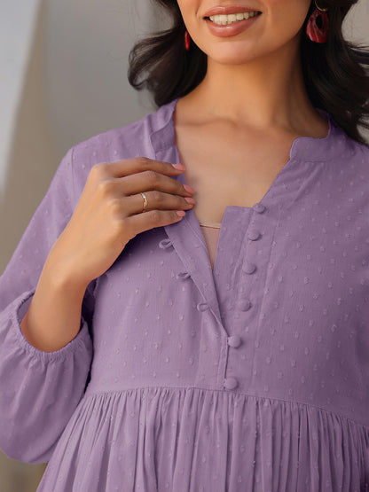Lavender Dobby Pure Cotton Self Design A-line Maternity Kurta Pant Set
