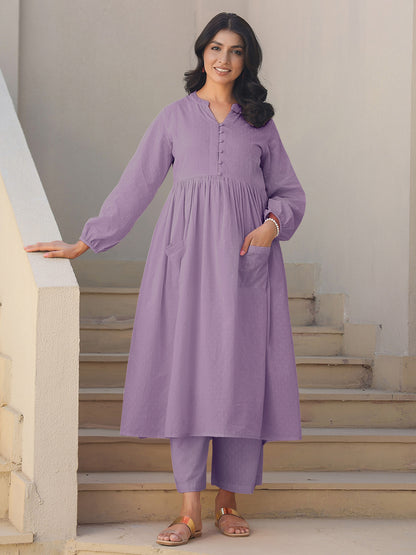 Lavender Dobby Pure Cotton Self Design A-line Maternity Kurta Pant Set