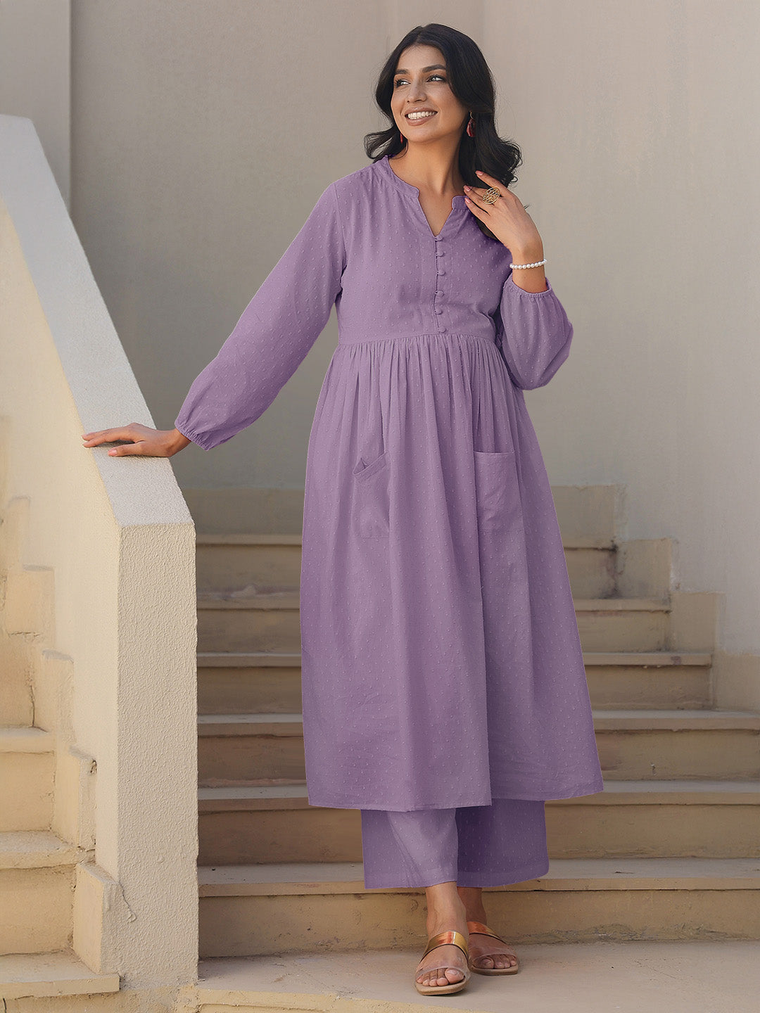 Lavender Dobby Pure Cotton Self Design A-line Maternity Kurta Pant Set