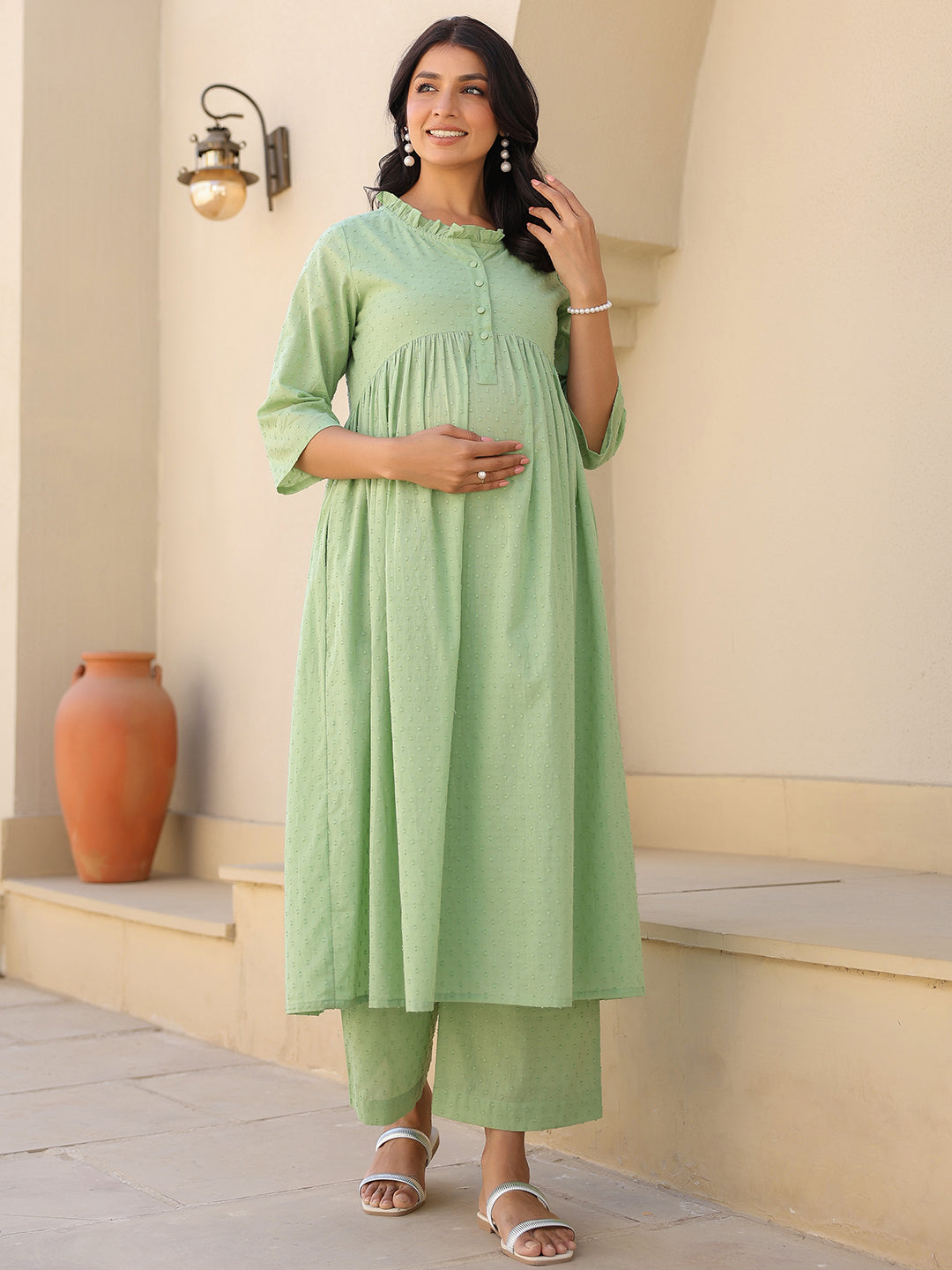 Green Dobby Pure Cotton Self Design A-line Maternity Kurta Pant Set