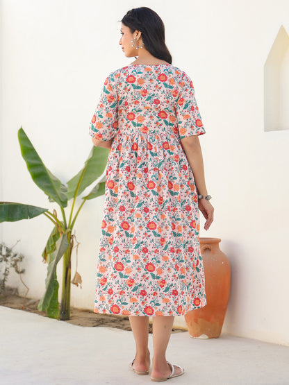 Peach Pure Cotton Floral Printed Fit & Flare Maternity Dress