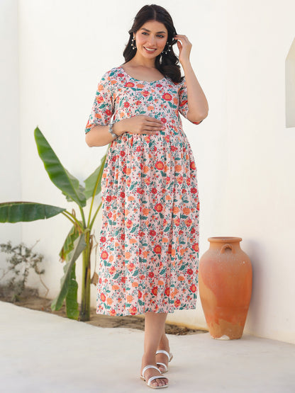 Peach Pure Cotton Floral Printed Fit & Flare Maternity Dress