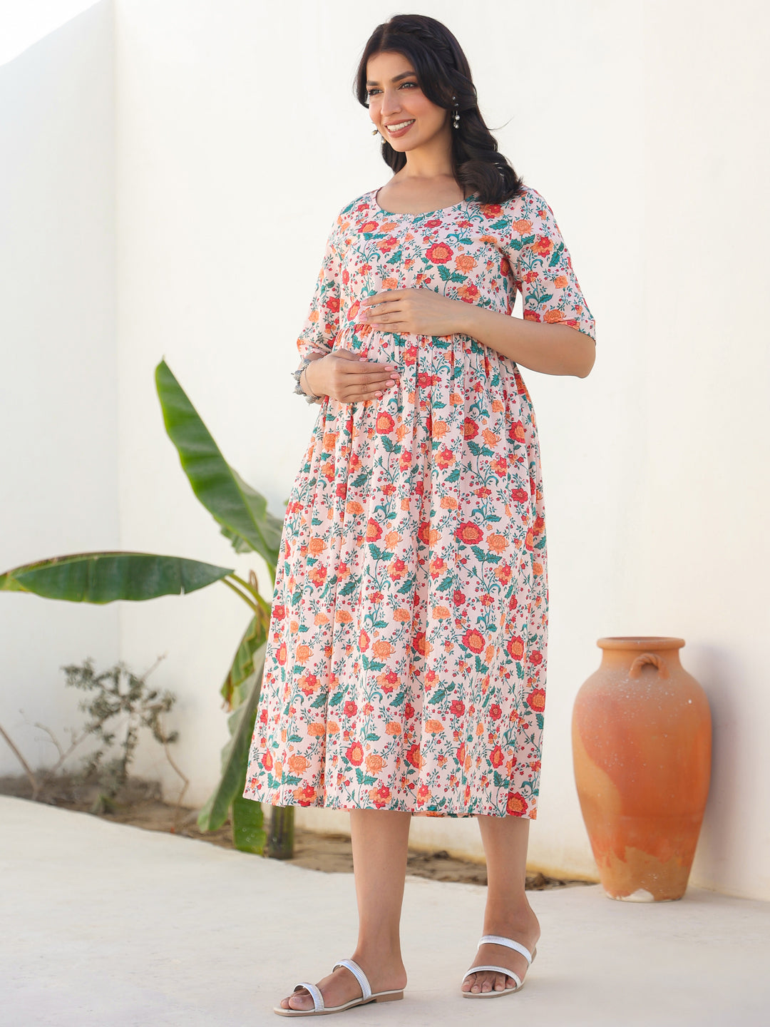 Peach Pure Cotton Floral Printed Fit & Flare Maternity Dress