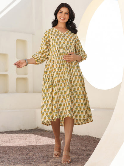 Cream Pure Cotton Floral Printed A-line Maternity Dress