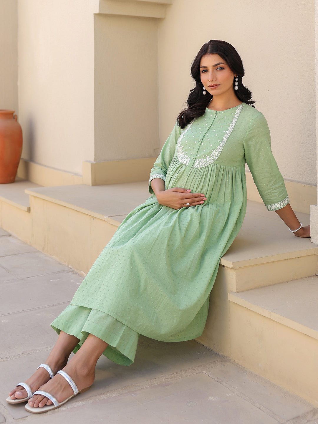 Janasya Women's Light Green Dobby Pure Cotton Yoke Embroidered A-line Maternity Kurta Pant Set