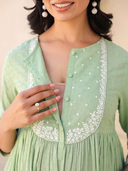 Janasya Women's Light Green Dobby Pure Cotton Yoke Embroidered A-line Maternity Kurta Pant Set