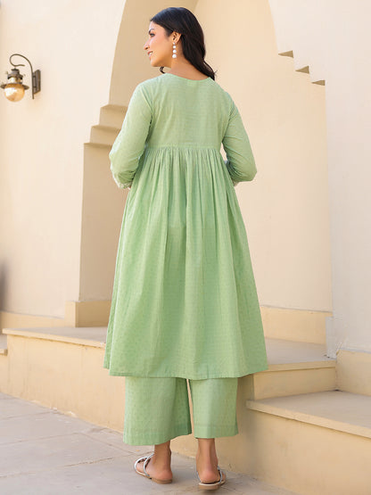 Janasya Women's Light Green Dobby Pure Cotton Yoke Embroidered A-line Maternity Kurta Pant Set