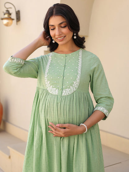 Janasya Women's Light Green Dobby Pure Cotton Yoke Embroidered A-line Maternity Kurta Pant Set