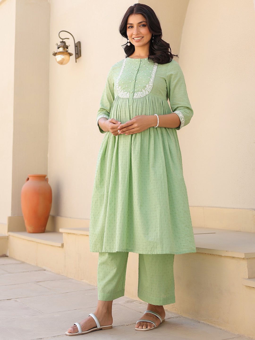 Janasya Women's Light Green Dobby Pure Cotton Yoke Embroidered A-line Maternity Kurta Pant Set