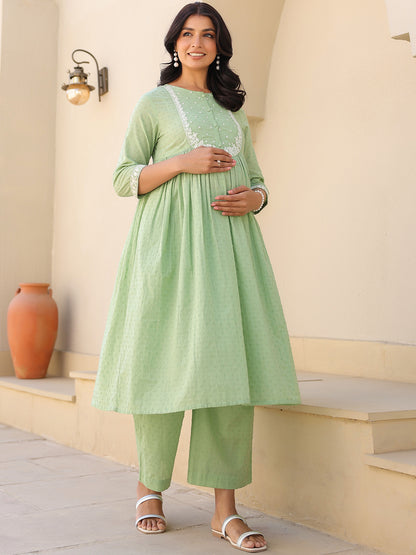 Janasya Women's Light Green Dobby Pure Cotton Yoke Embroidered A-line Maternity Kurta Pant Set