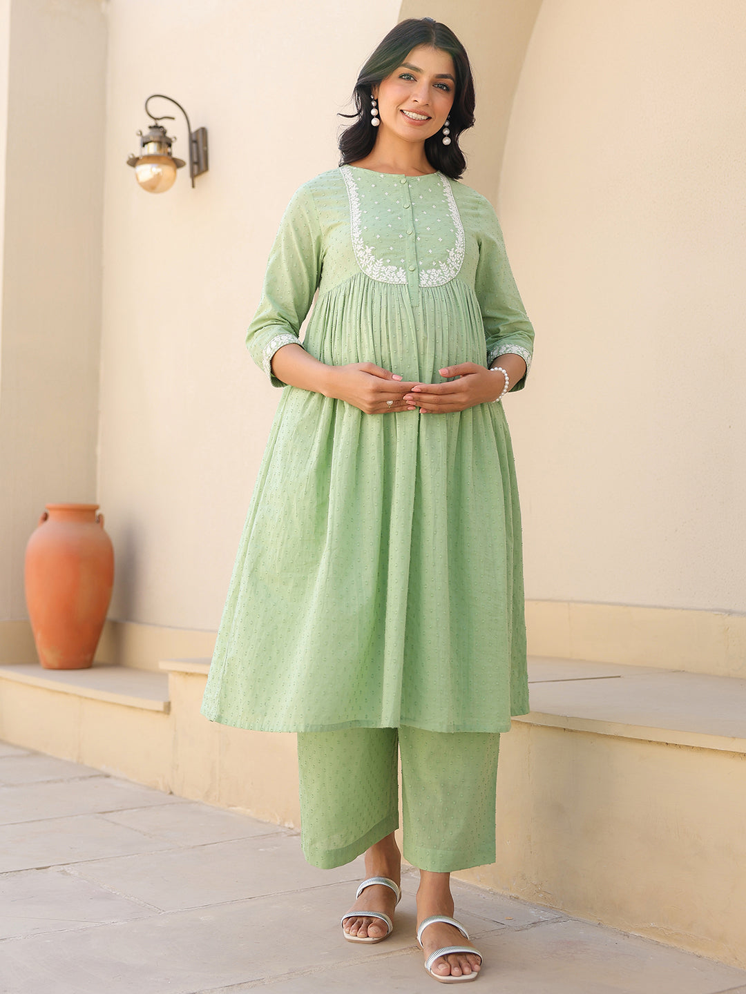 Janasya Women's Light Green Dobby Pure Cotton Yoke Embroidered A-line Maternity Kurta Pant Set