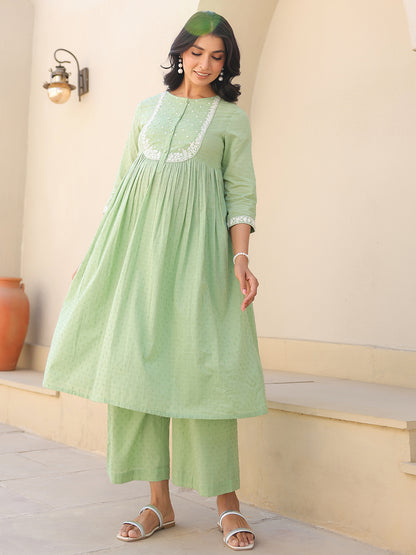 Janasya Women's Light Green Dobby Pure Cotton Yoke Embroidered A-line Maternity Kurta Pant Set