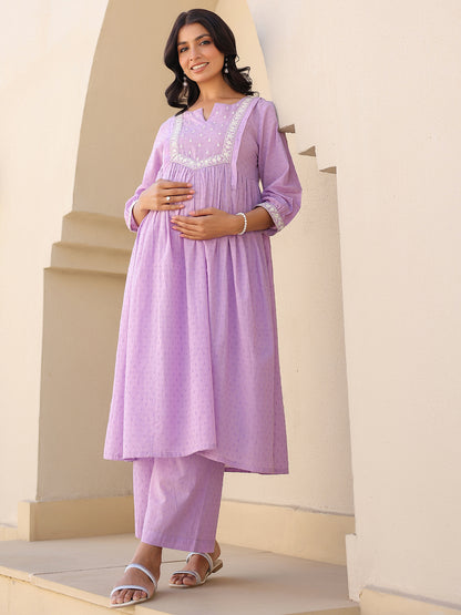 Janasya Women's Lavender Dobby Pure Cotton Yoke Embroidered A-line Maternity Kurta Pant Set
