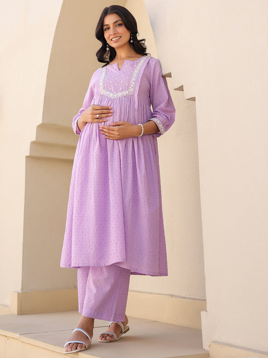 Janasya Women's Lavender Dobby Pure Cotton Yoke Embroidered A-line Maternity Kurta Pant Set
