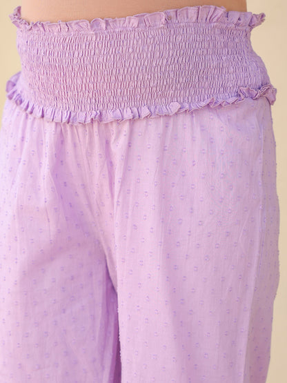 Janasya Women's Lavender Dobby Pure Cotton Yoke Embroidered A-line Maternity Kurta Pant Set