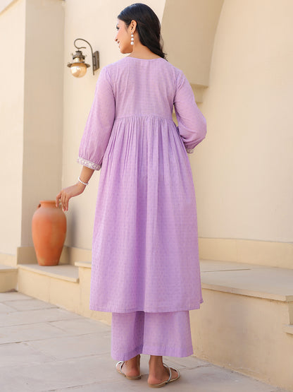Janasya Women's Lavender Dobby Pure Cotton Yoke Embroidered A-line Maternity Kurta Pant Set