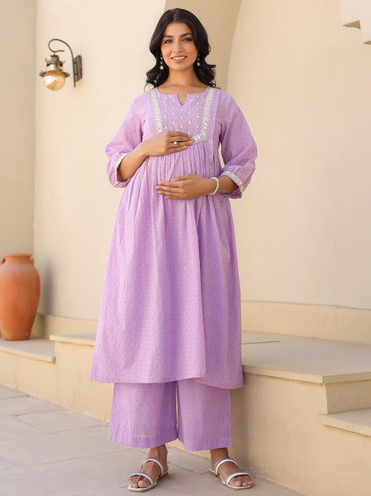 Janasya Women's Lavender Dobby Pure Cotton Yoke Embroidered A-line Maternity Kurta Pant Set