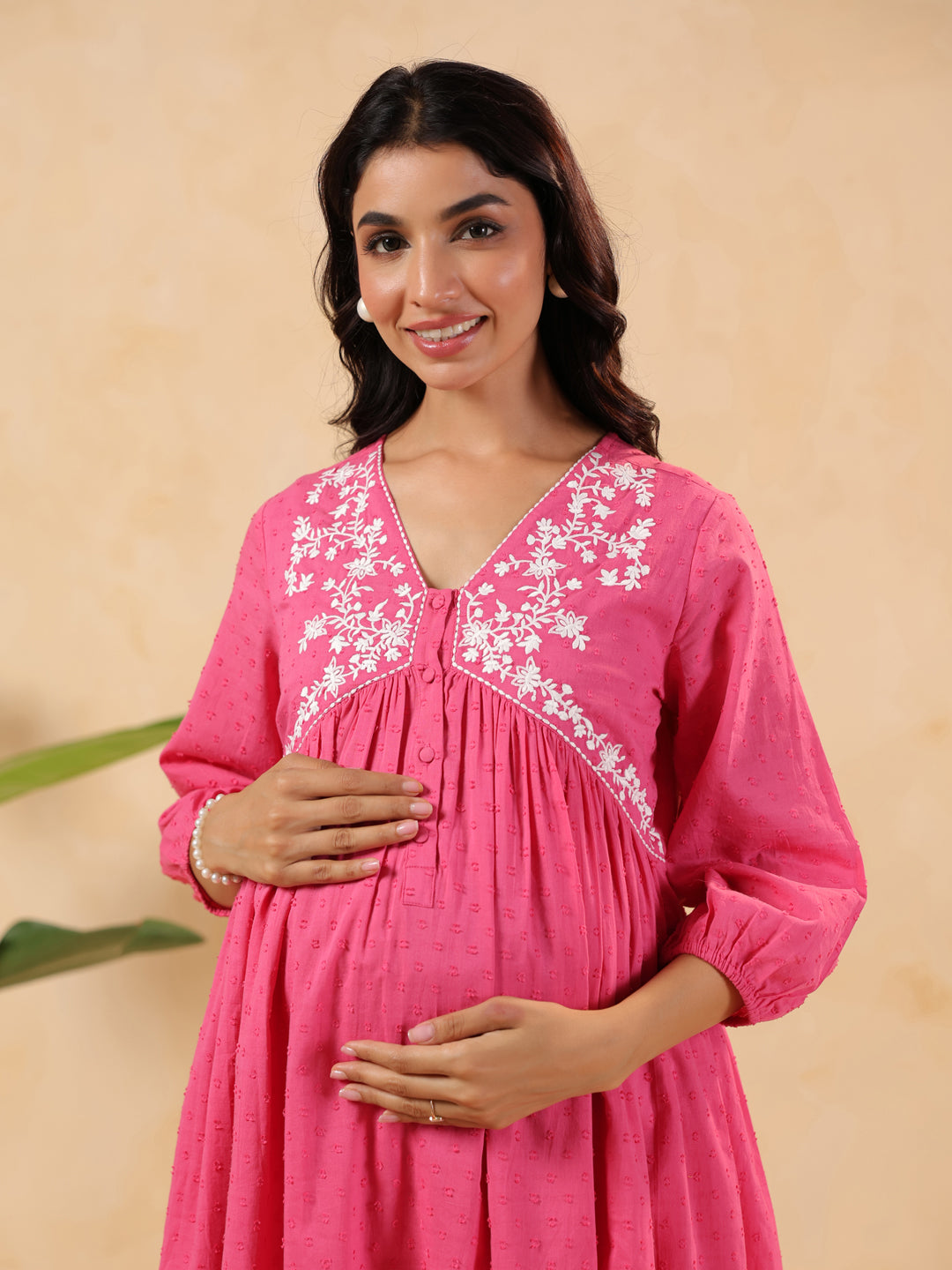 Janasya Women's Pink Dobby Pure Cotton Yoke Embroidery A-line Maternity Kurta Pant Set