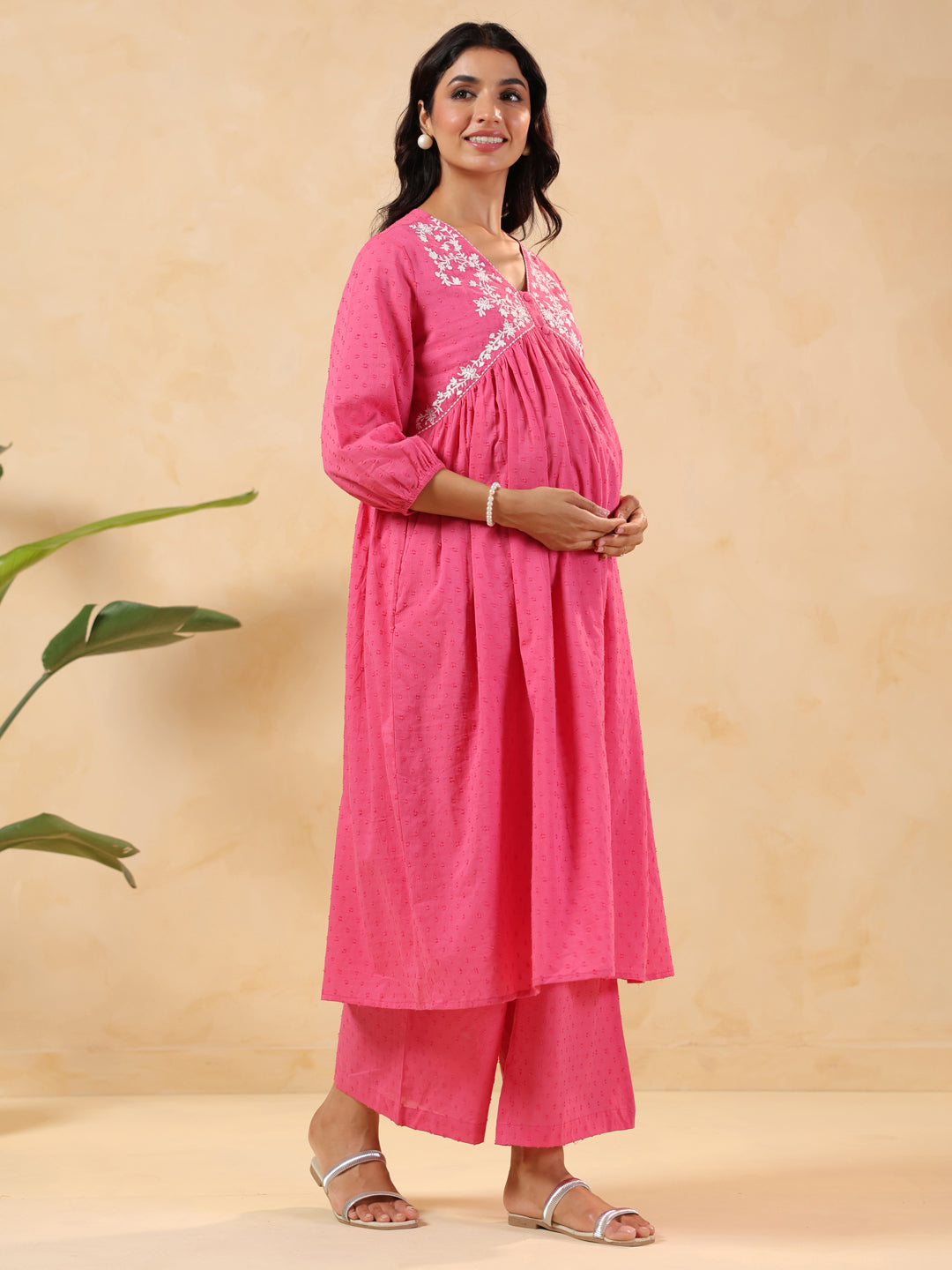 Janasya Women's Pink Dobby Pure Cotton Yoke Embroidery A-line Maternity Kurta Pant Set