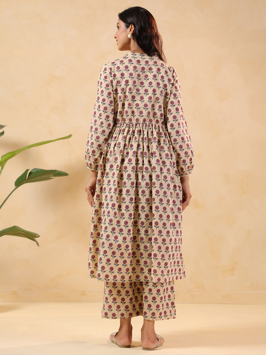 Janasya Women's Cream Pure Cotton Floral Printed A-line Maternity Kurta Pant Set