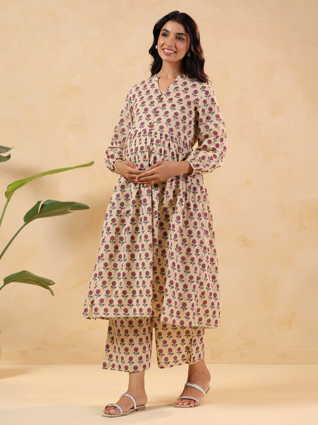 Janasya Women's Cream Pure Cotton Floral Printed A-line Maternity Kurta Pant Set