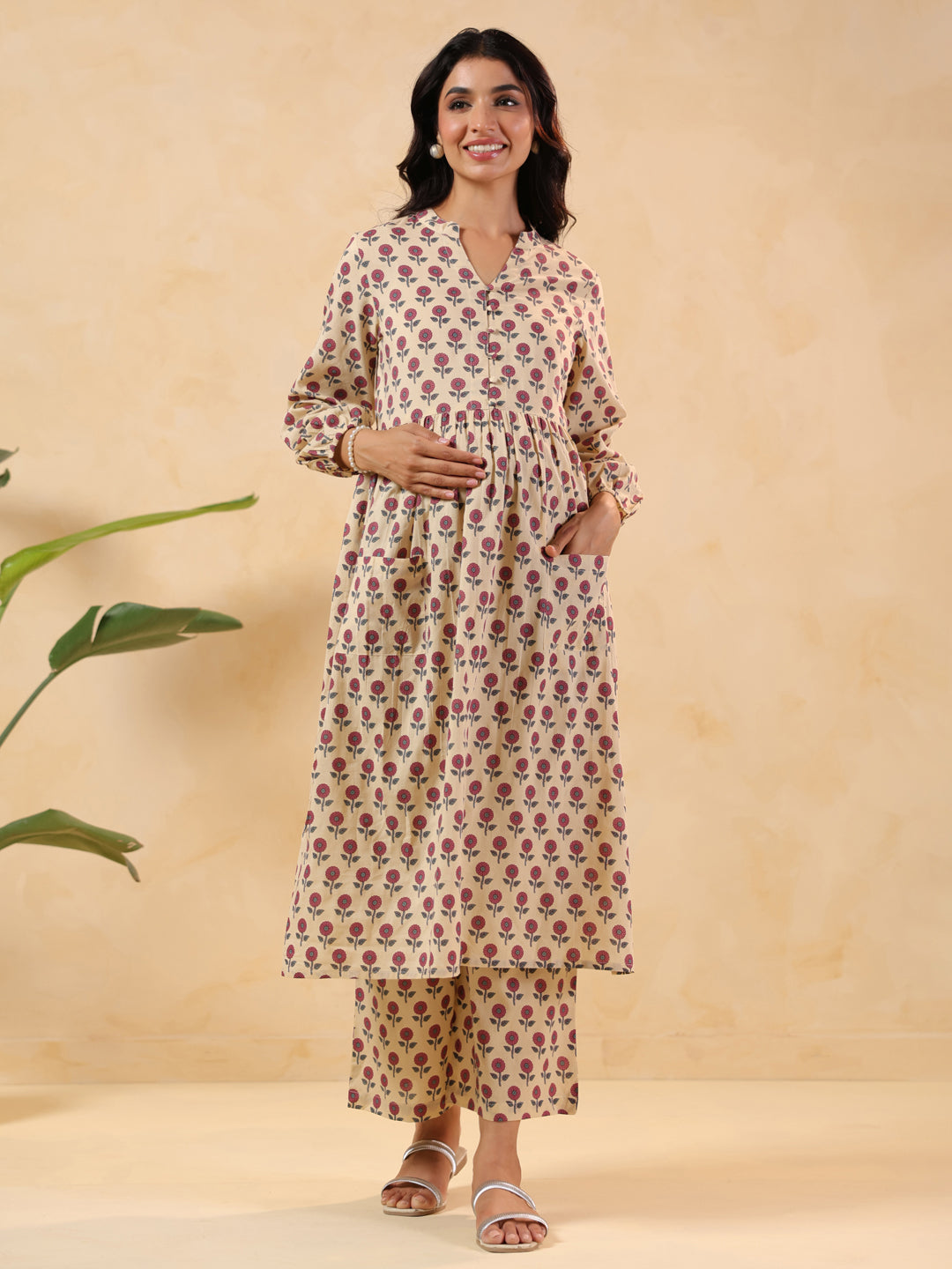 Janasya Women's Cream Pure Cotton Floral Printed A-line Maternity Kurta Pant Set