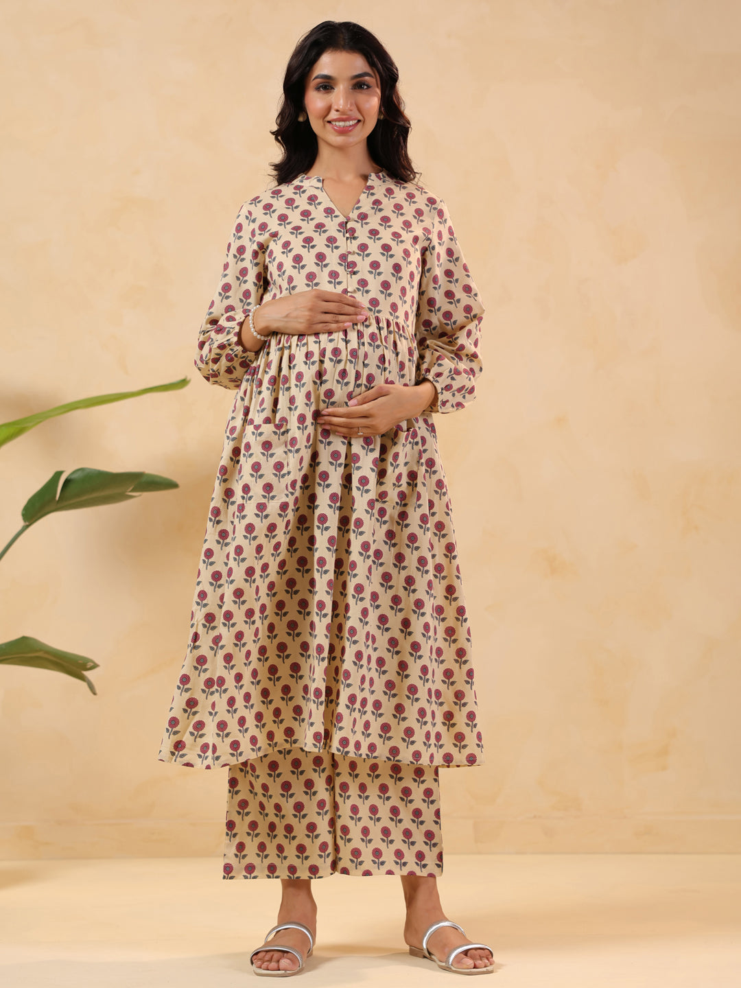 Janasya Women's Cream Pure Cotton Floral Printed A-line Maternity Kurta Pant Set