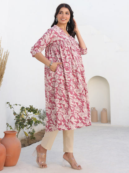 Mauve Pure Cotton Floral Printed Gathered Maternity Kurta