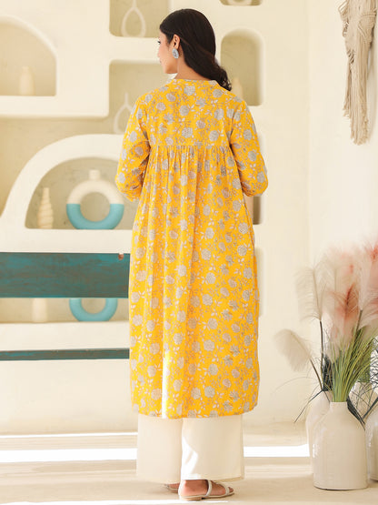 Yellow Pure Cotton Floral Printed Empire Maternity Kurta