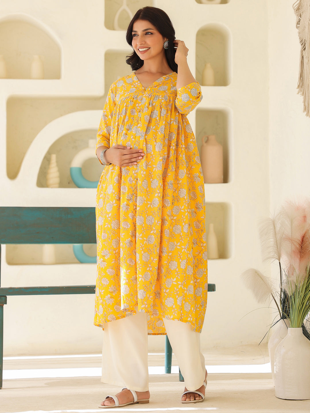 Yellow Pure Cotton Floral Printed Empire Maternity Kurta